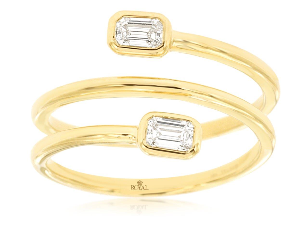 The Royal Jewelry 14k yellow gold, double band ring features two rectangular emerald-cut diamonds. Showcasing a spiral design in size 6.5, this elegant Style #H2669D piece weighs 0.30 CT and is beautifully set against a white background.