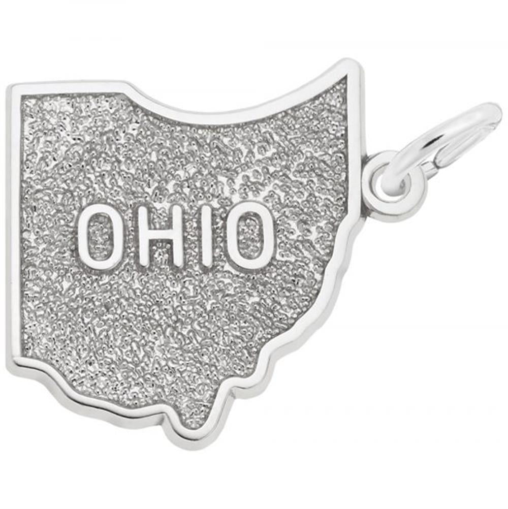 The Rembrandt Charms Ohio State Map Charm in sterling silver is expertly crafted in the shape of Ohio, with the word "OHIO" engraved centrally. This charm features a textured surface and includes a small loop at the top, perfect for attaching to a bracelet or necklace.