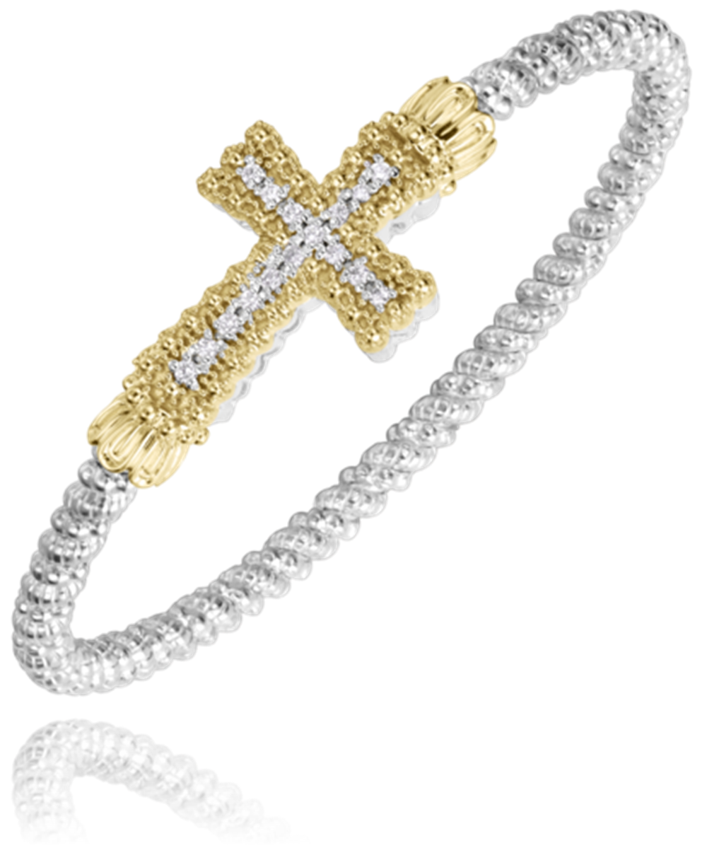 An elegant beaded bracelet from Alwand Vahan Jewelry features a prominent 14k gold cross adorned with small white diamonds totaling 0.24 carats. The intricately textured beads are made of sterling silver, creating a contrasting yet harmonious blend of colors and materials that reflect religious symbolism beautifully. The bracelet's band measures 4mm, adding to its sophisticated design.