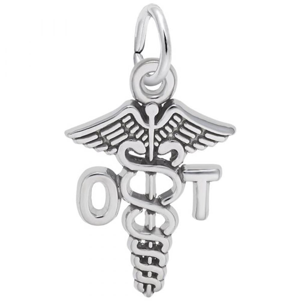 A detailed image of the Sterling Silver Occupational Therapist Caduceus Charm by Rembrandt Charms. This charm features the caduceus symbol with "OT" elegantly engraved, measuring 0.48 inches by 0.56 inches (12.28 mm by 14.35 mm). The charm has a polished sterling silver finish, perfect for adding a touch of professional pride to any charm bracelet or necklace. Style number 6545.