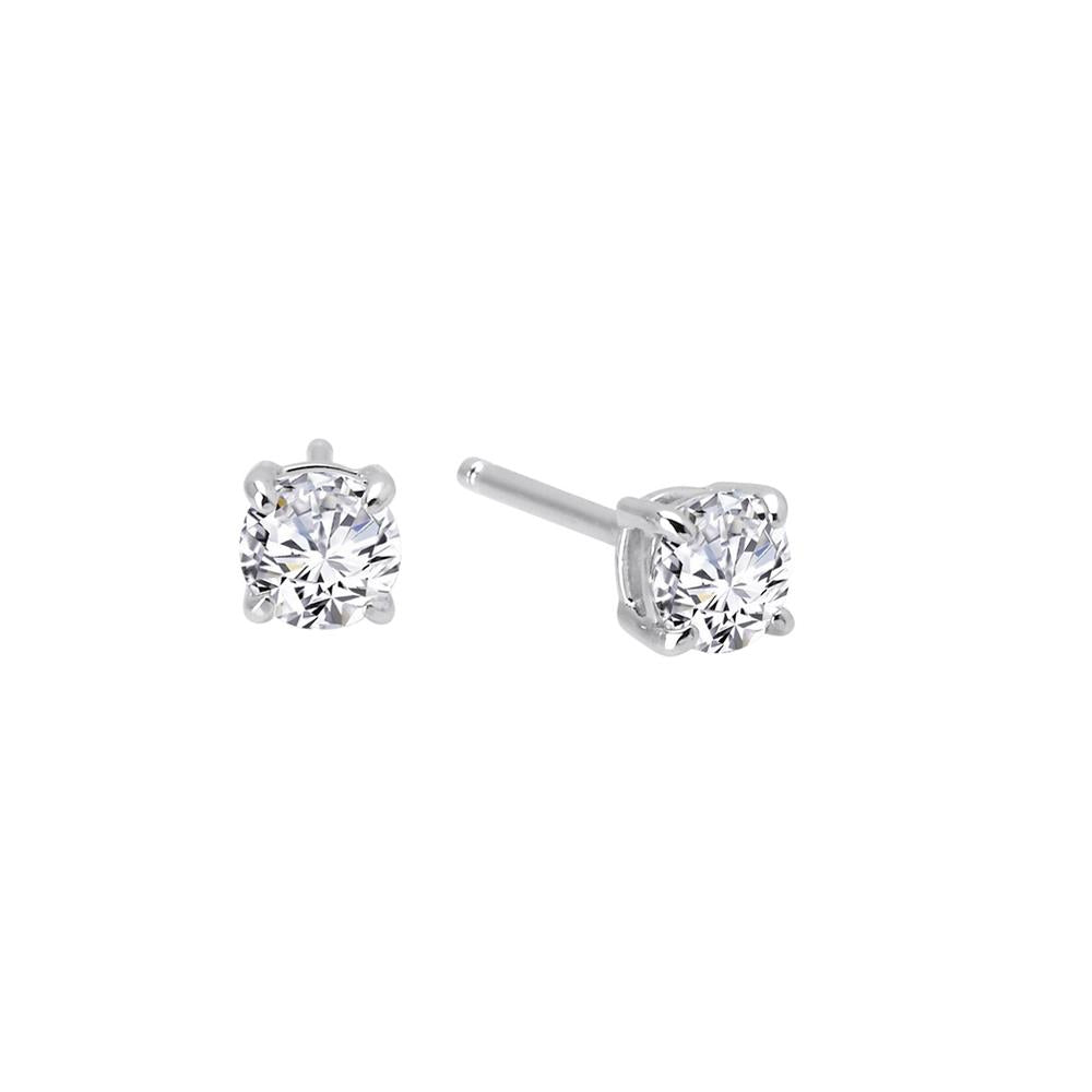 The 0.50 TCW Diamond Stud Earrings by Lafonn are crafted from sterling silver and each features a single round, clear simulated diamond securely set in a four-prong setting. The image showcases one earring facing forward and the other displaying its side view against a plain white background.