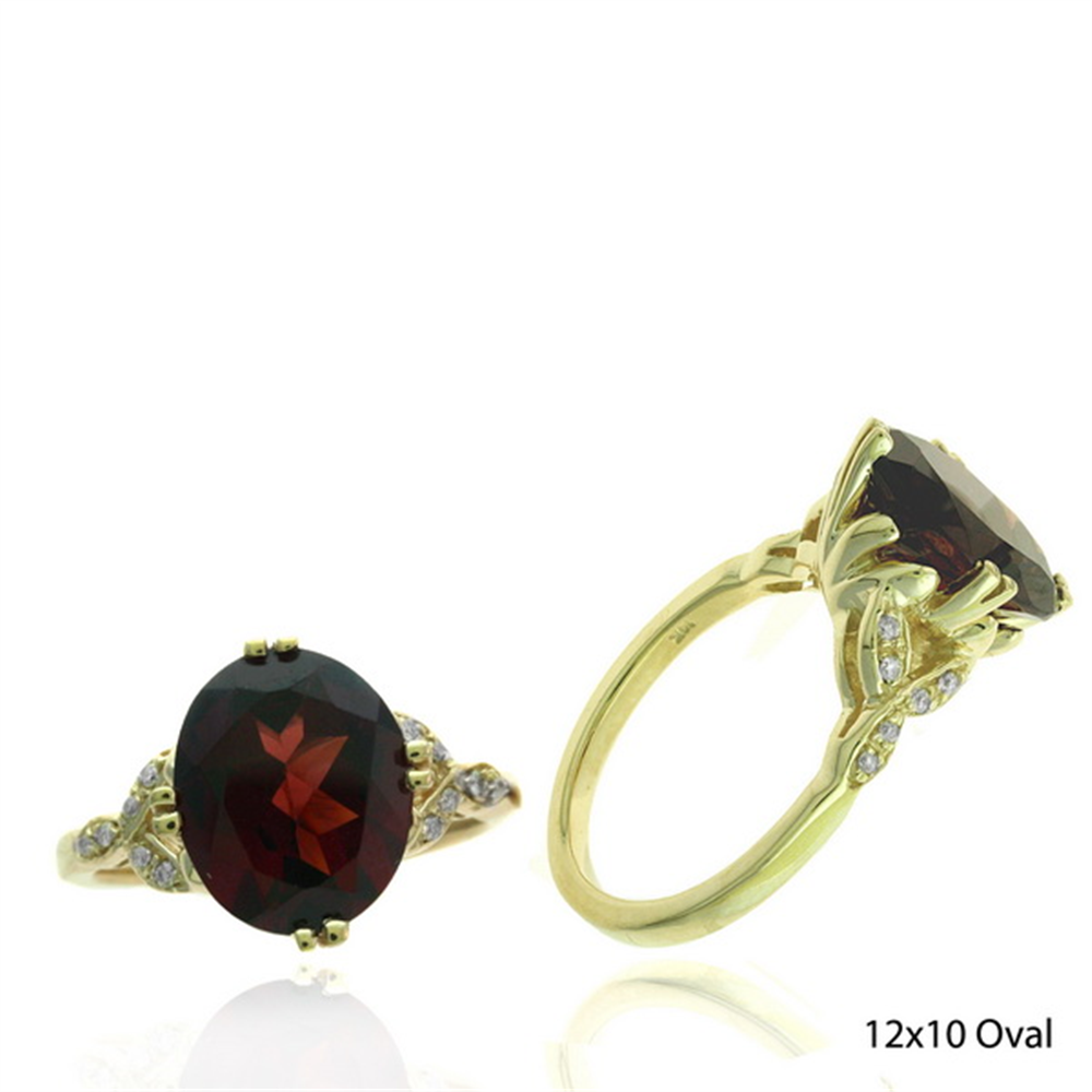 Two views of the Ryan Gems R12881GT ring feature a 5.50ct oval garnet centerpiece measuring 12x10mm, adorned with 0.07ct diamonds on a yellow gold band, creating an eye-catching contrast in its radiant setting.