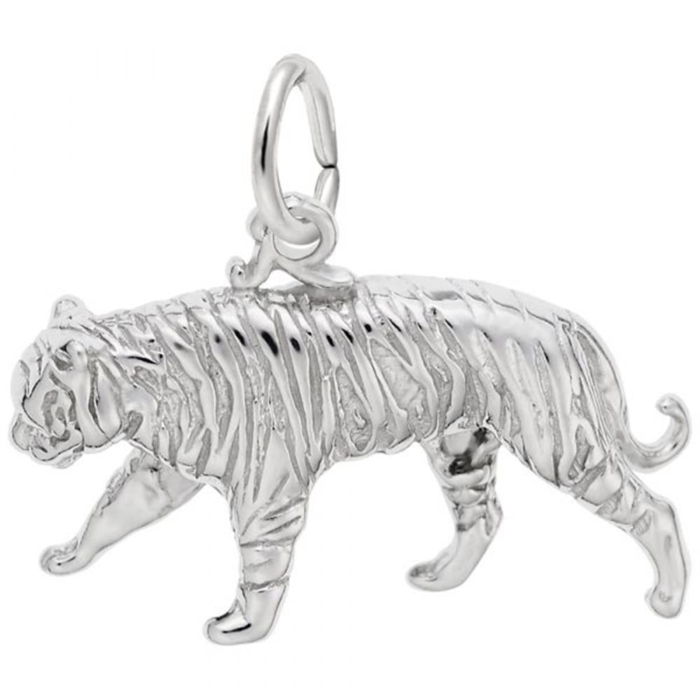The Rembrandt Charms Tiger Charm in sterling silver showcases intricate stripes and a gracefully curved tail, complete with a small loop on its back for easy attachment to a chain or bracelet.
