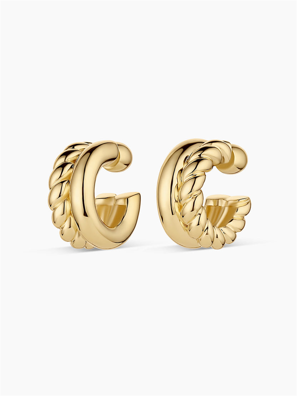 The Gorjana Crew Stacked Hoops feature 18k gold plating with one smooth hoop and one twisted rope design. Both are open-ended and polished, perfect for stacking, shown on a plain white background.
