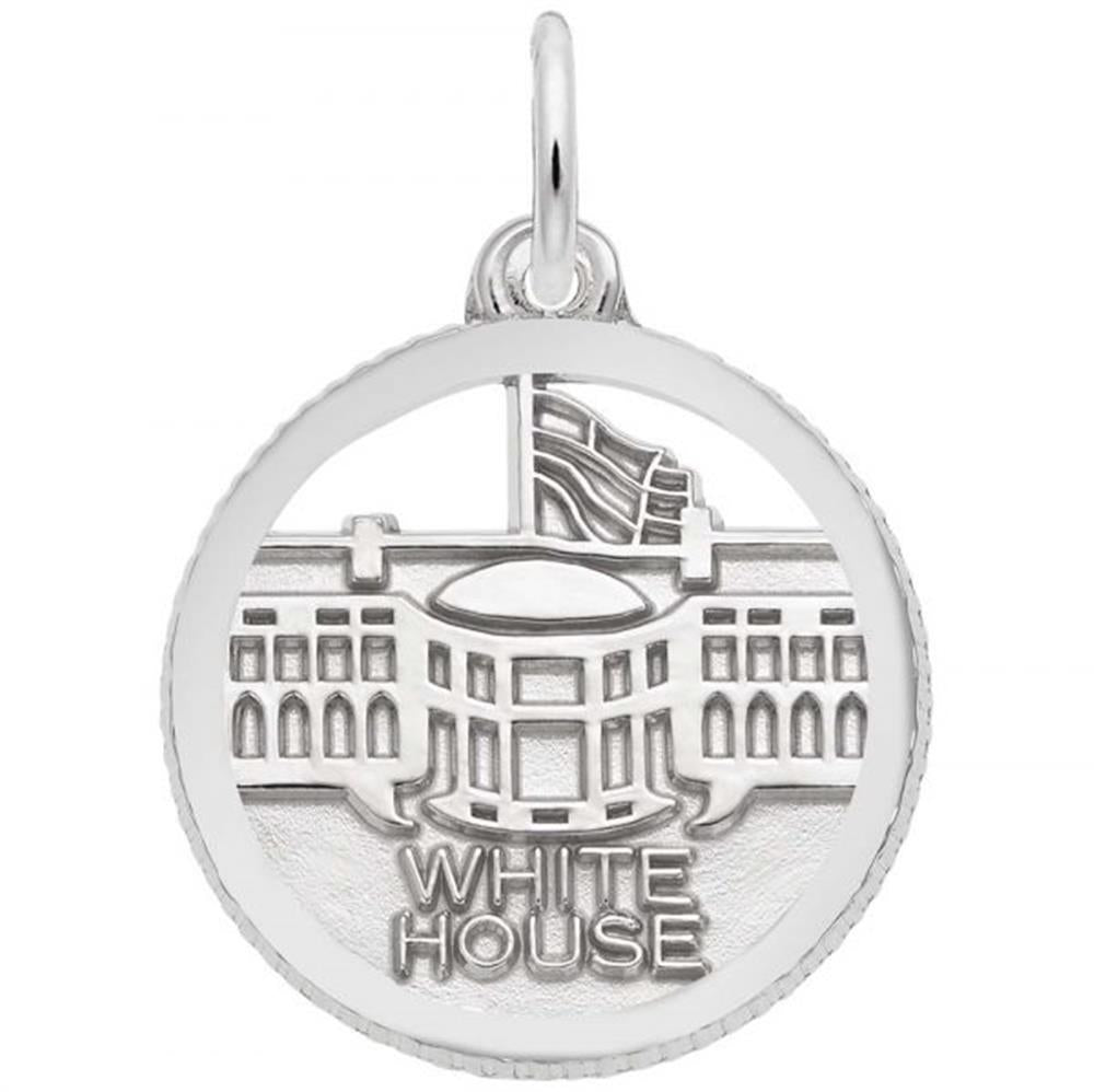 The Rembrandt Charms White House Charm is a round sterling silver pendant featuring an intricate image of the White House with an American flag flying above it. Below the design, "WHITE HOUSE" is elegantly engraved. This charm includes a loop at the top for easy attachment to a chain or bracelet.