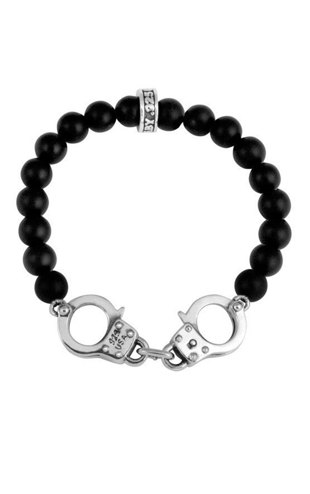 The King Baby 8mm onyx bead bracelet features black beads, a silver ring with text, and a unique clasp with handcuff-shaped charms, adding intrigue to your accessory collection.