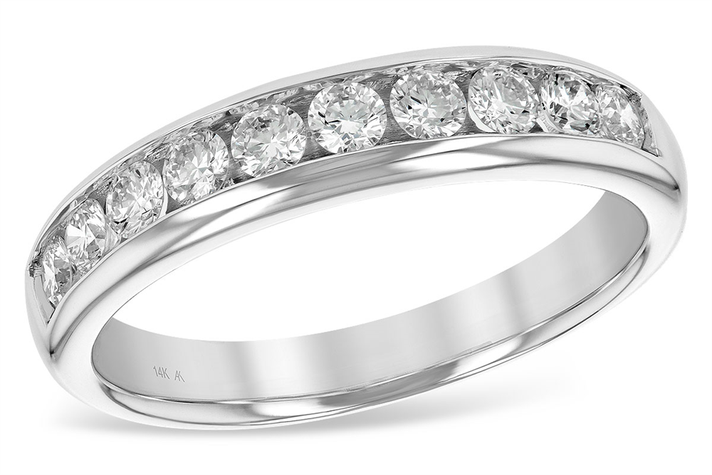 The Allison Kaufman Diamonds 14K White Gold Ladies Wedding Ring showcases nine brilliant round diamonds set in a captivating channel design on its top surface.