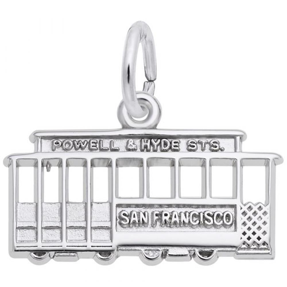 A Flat San Francisco Cable Car Charm made of sterling silver from Rembrandt Charms is displayed. This charm features the inscription "POWELL & HYDE STS." on the top and "SAN FRANCISCO" on the side, with a loop at the top for attaching to a necklace or bracelet.