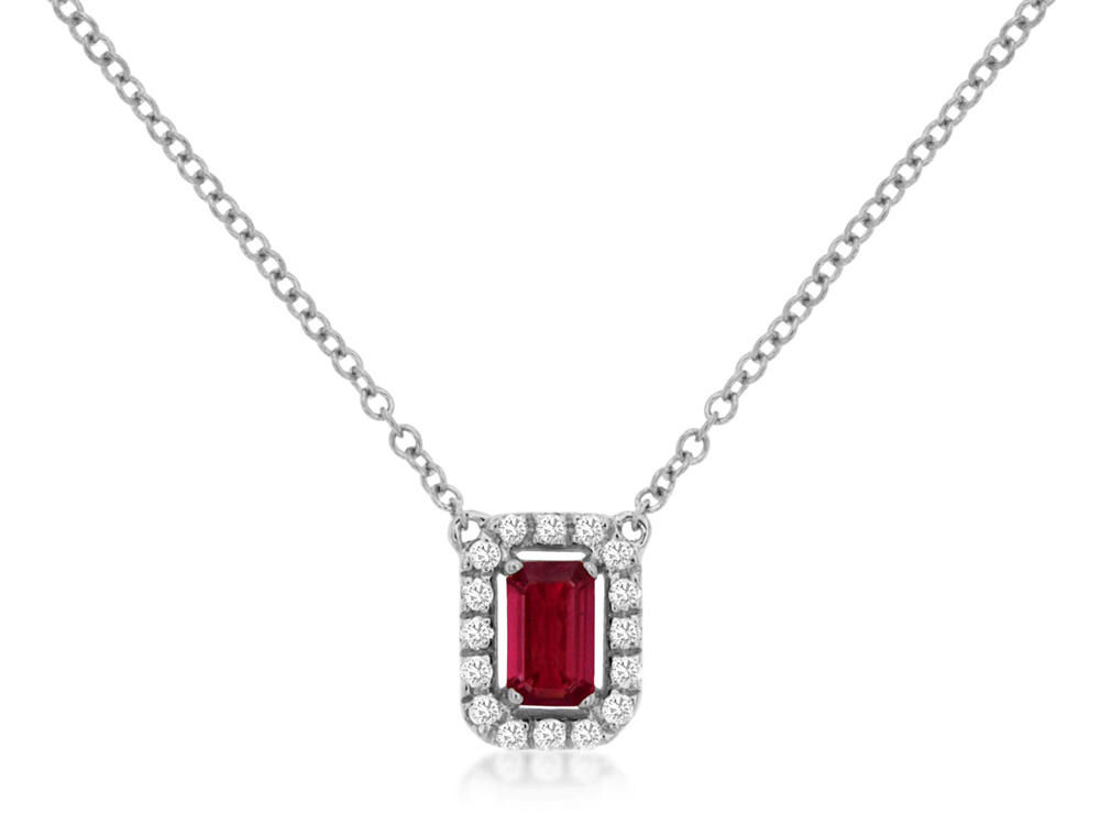 The Ruby and Diamond pendant by Royal Jewelry is a silver chain necklace with a central, rectangular ruby pendant surrounded by sparkling clear diamonds.