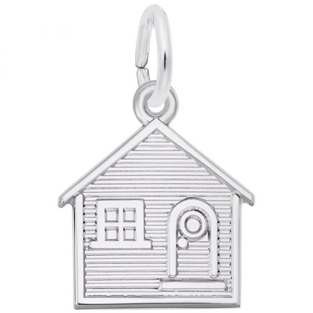 The Rembrandt Charms House Charm in sterling silver showcases intricate horizontal lines, a small rectangular window, and a door with a circular window. It features a loop on top for easy attachment to a bracelet or necklace.