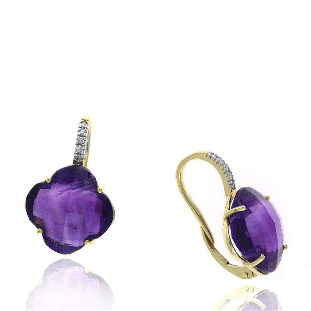The Ryan Gems Amethyst & Diamond Drop Earrings feature large amethyst clovers adorned with diamonds on the hooks, set in 14K yellow gold. Displayed on a white background, these earrings highlight their vivid color and elegant design.