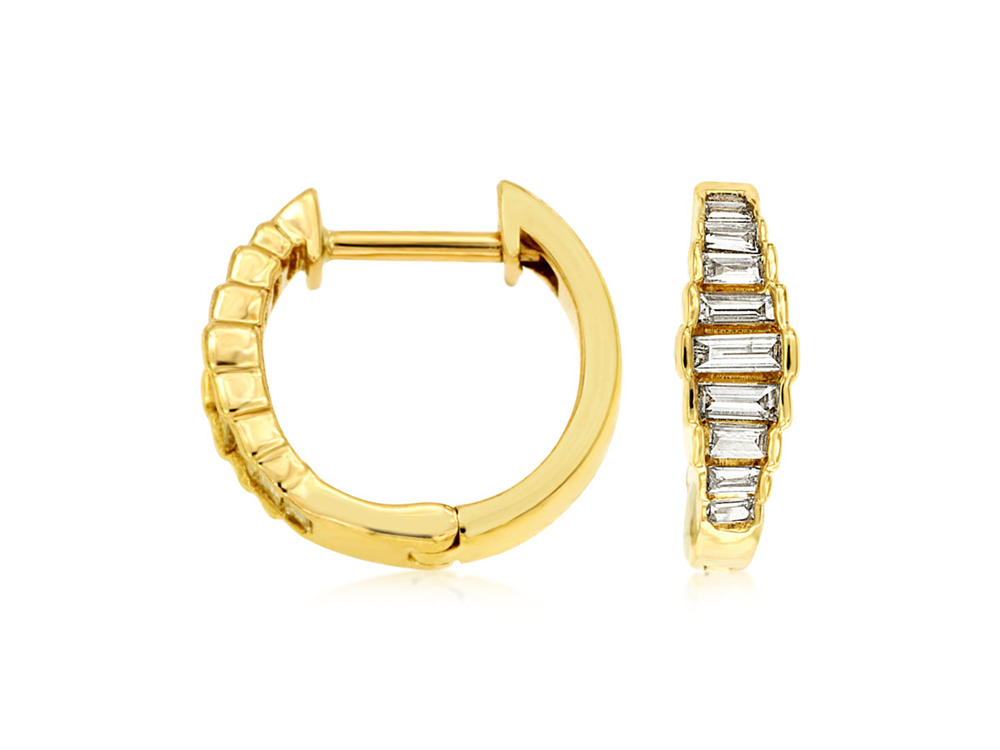 A pair of 14k yellow gold huggies by Royal Jewelry, Style # H2047D, featuring baguette-cut diamonds totaling 0.23 CT. One earring is in profile, and the other is shown front-facing.