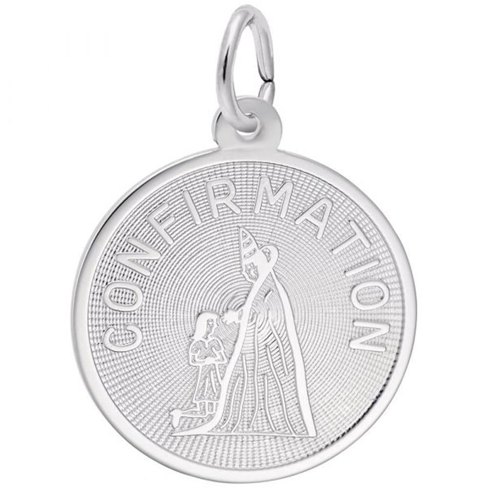 The Girl Confirmation Charm by Rembrandt Charms is a round sterling silver pendant with a loop at the top. Its center showcases an engraved image of a bishop in robes and mitre, placing a hand on a kneeling figure's head. The word "CONFIRMATION" is beautifully engraved along the top semicircle, epitomizing the elegance typical of Rembrandt Charms.