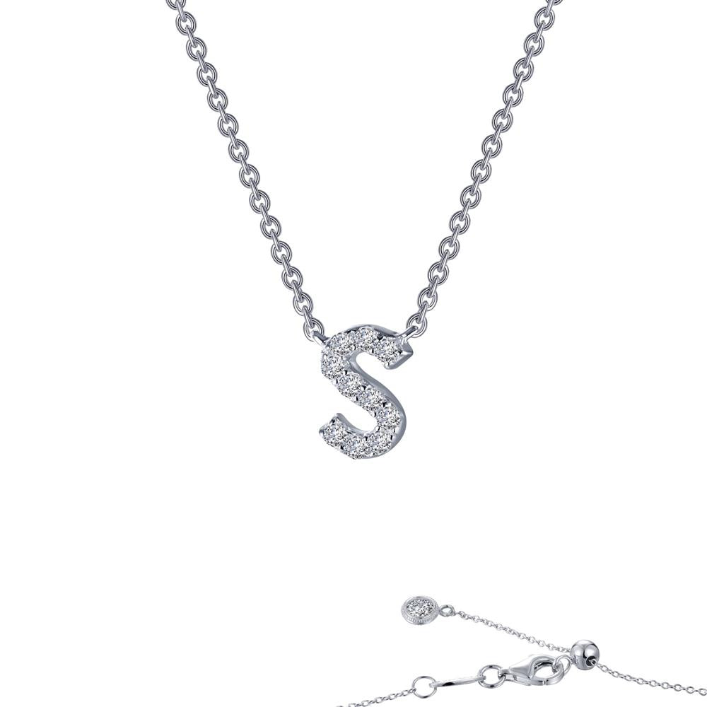 The Letter S Pendant Necklace by Lafonn showcases a timeless design, featuring a prominent "S" encrusted with Lafonn's simulated diamonds. This silver necklace includes a delicate chain and is equipped with a lobster clasp and an extender for adjustable length.