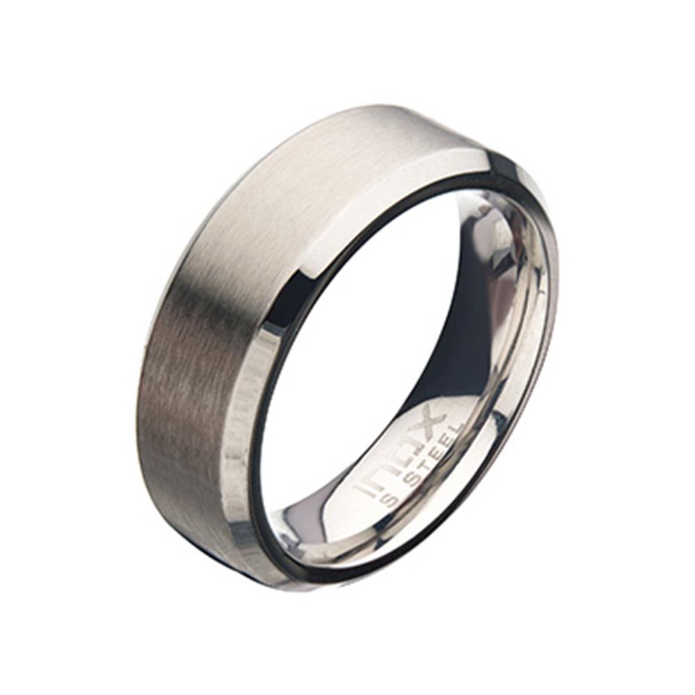 A close-up image of the INOX Men's Stainless Steel 8mm Matte Beveled Band Ring in size 11 reveals a flat outer surface with a matte brushed finish and a polished inner surface. The band features an engraved inscription on the inner side, highlighting its modern and sleek design.