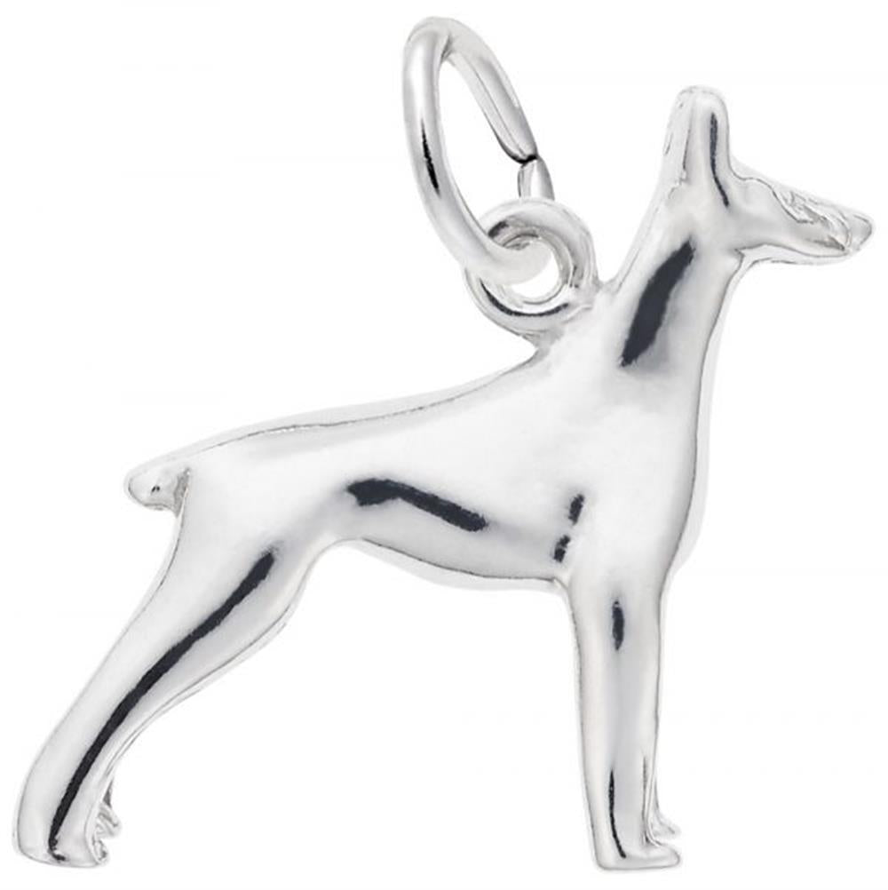 The Rembrandt Charms Doberman Pincher Dog Charm in sterling silver features a standing Doberman with an elongated body and pointed ears. The charm boasts a smooth, polished surface and comes with a small loop for hanging on a chain or bracelet.