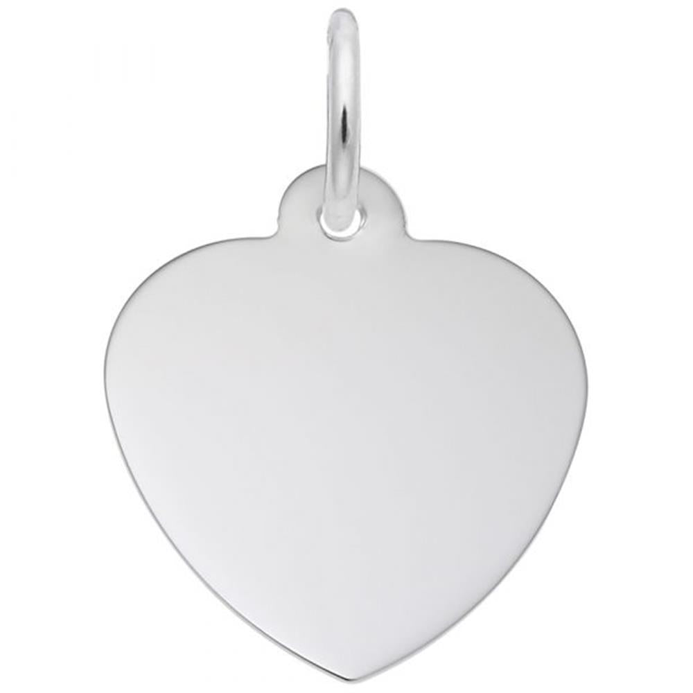 A close-up image of the Petite Classic Heart Charm by Rembrandt Charms, featuring a polished, sterling silver heart-shaped design with a small loop at the top for attaching to a chain or bracelet. The charm has a smooth and shiny surface with no additional engravings or designs.