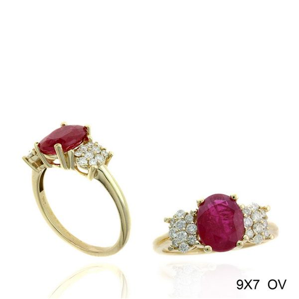 Two views of Ryan Gems' R13060R18KT ring showcase an oval 2.20ct ruby gem surrounded by small 0.33ct diamonds, crafted in timeless 18k yellow gold. Displayed from side and top angles on a white background. Text: "9X7 OV.