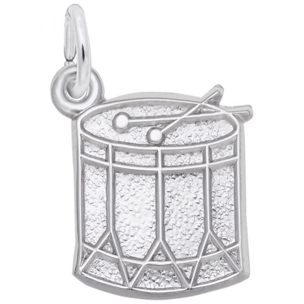 The Rembrandt Charms Drum Charm in sterling silver features intricate detailing with finely crafted drumsticks and a realistic drum skin, complete with a loop at the top for easy attachment to a bracelet or necklace.