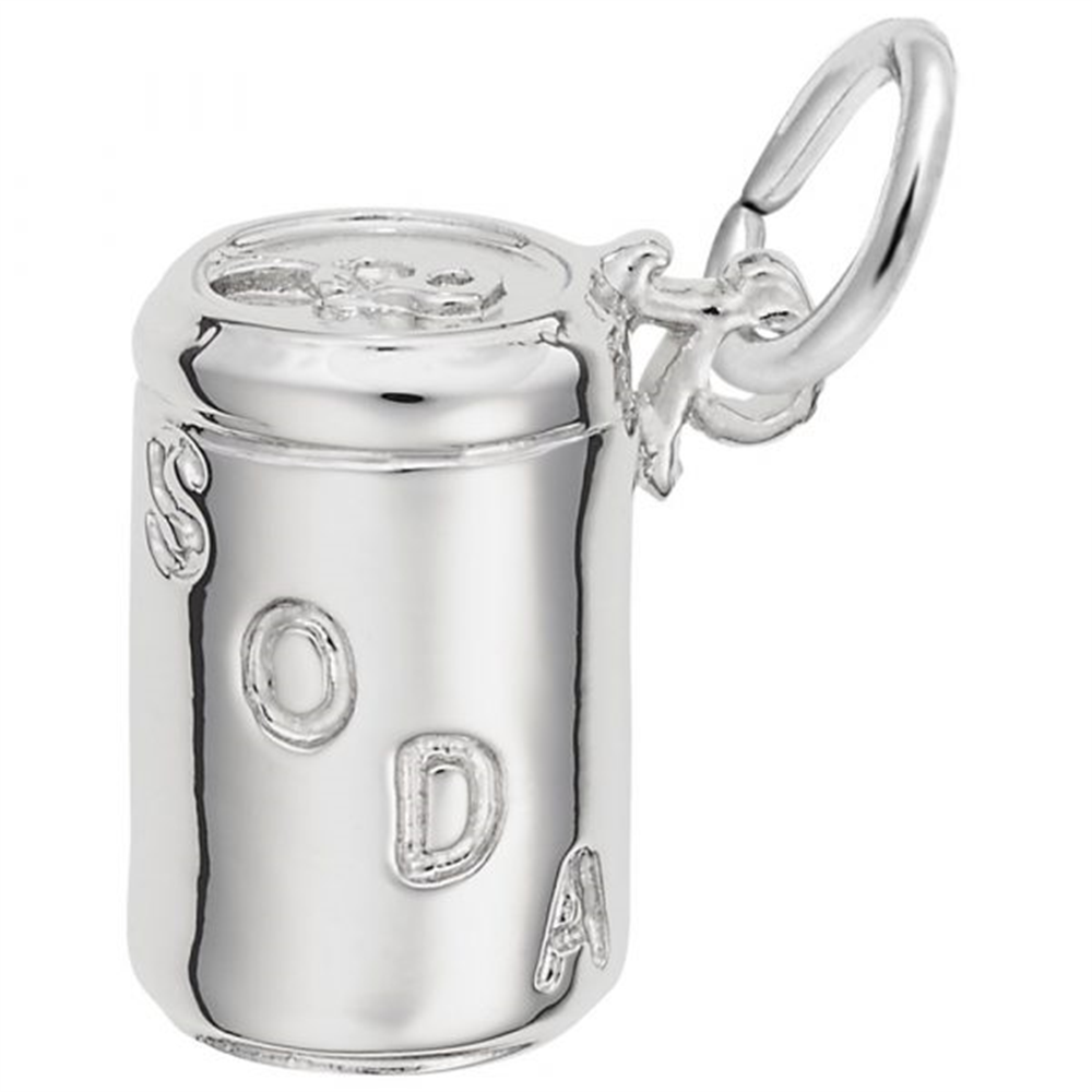 The Rembrandt Charms soda can - ss is a silver charm shaped like a soda can with "SODA" embossed on the side. It features a top loop for easy attachment to bracelets or necklaces.
