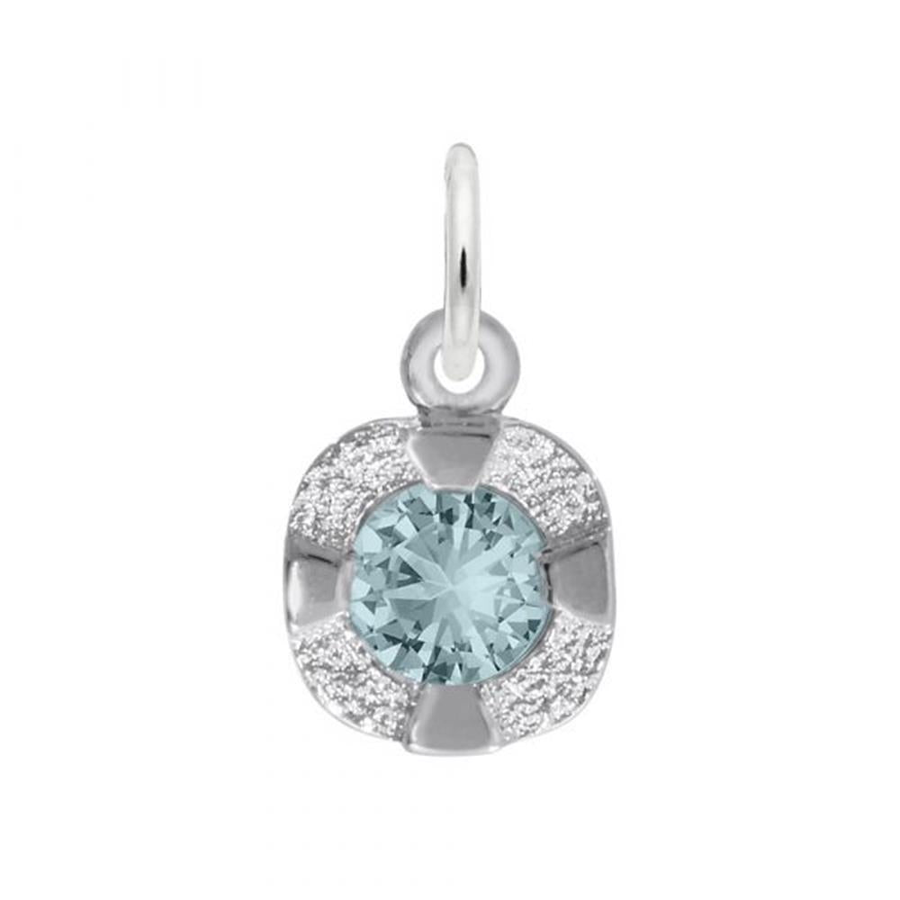 The Petite Birthstone - March Charm by Rembrandt Charms is crafted from sterling silver and features a light blue round birthstone at its center. The gemstone is enclosed within a square, textured border, and the charm includes a small loop at the top for easy attachment to a chain or bracelet.