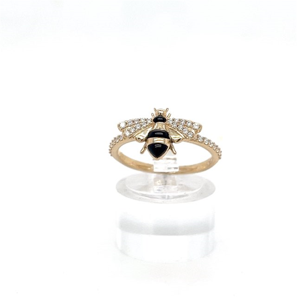 Kabana’s 14k Bee Ring, size 7.5, features onyx and diamond accents for the stripes and wings, shown on a clear stand against a white background.
