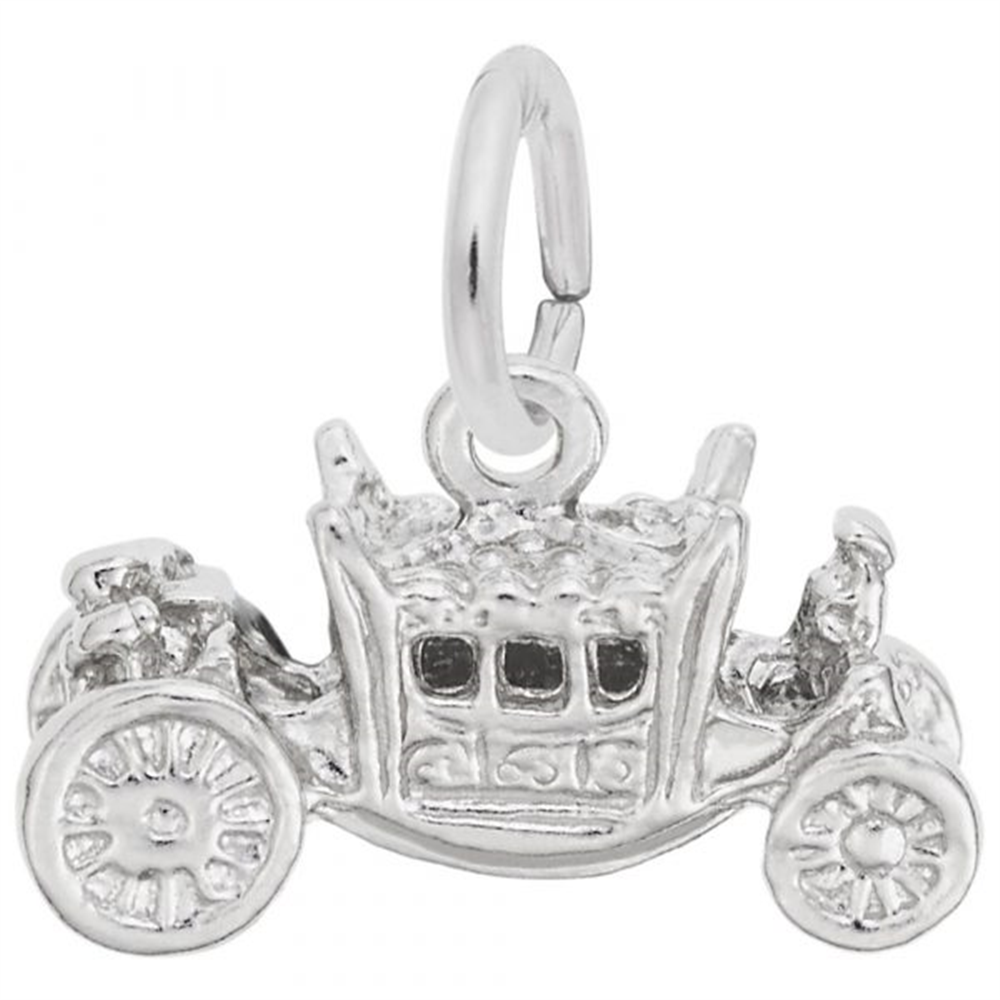 The Rembrandt Charms Royal Carriage sterling silver charm features an intricately designed detailed carriage with ornate wheels and a circular loop for easy attachment.