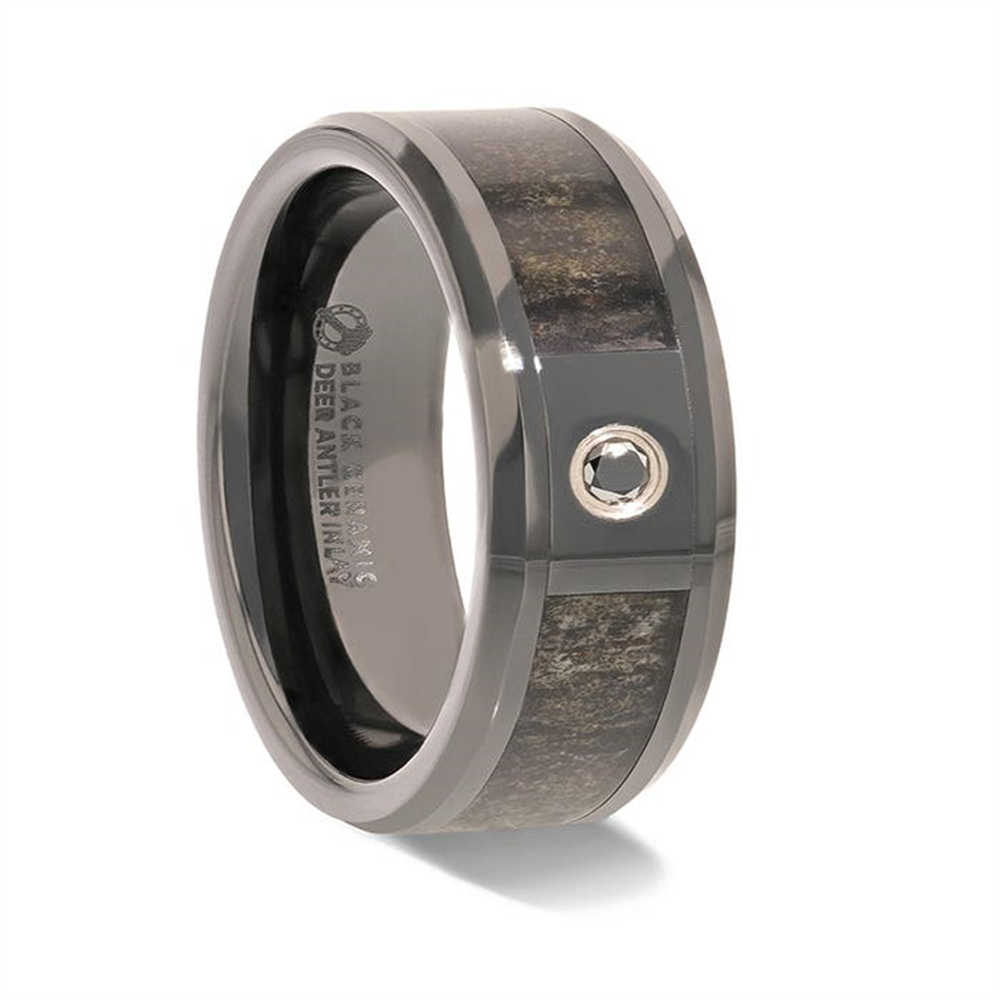Experience the refined elegance of the Thorsten MONTANA Black Ceramic Ombre Deer Antler Inlay ring for men, featuring polished beveled edges. This sophisticated piece boasts an inlaid pattern embellished with a touch of deer antler texture, creating a striking visual appeal.