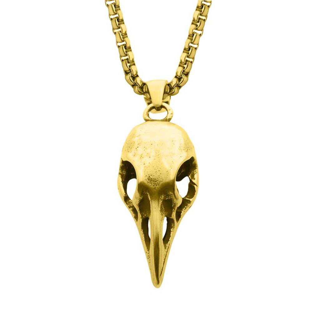 The Distressed Matte 18Kt Gold IP Crow Skull Pendant with Chain from INOX features a pendant shaped like a bird's beak and eye sockets, symbolizing the power of change. The detailed carvings highlight its uniqueness, while the 18Kt gold chain boasts an elegant box chain design.