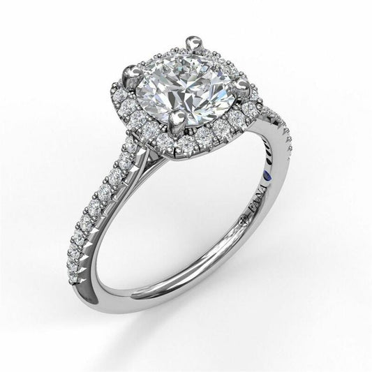 14K White Gold Delicate Cushion Halo Engagement Ring With Pave Shank | FANA