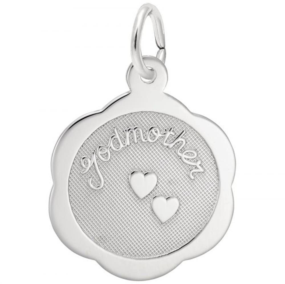 The Rembrandt Charms Godmother Scalloped Disc Charm in sterling silver features the word "godmother" engraved on a textured circular surface, adorned with two small engraved hearts below the text. The pendant is designed with a scalloped edge and includes a loop at the top for easy attachment to a chain or necklace.