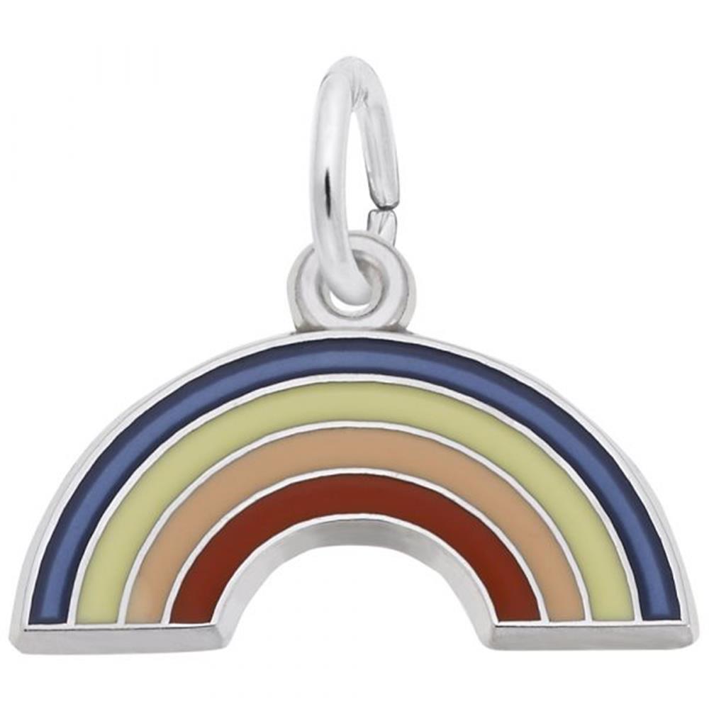 The Rembrandt Charms Rainbow Charm in sterling silver features five curved bands in pastel colors: dark blue, light yellow, peach, light orange, and brown. This unique accessory includes a small loop at the top for attaching to a chain.