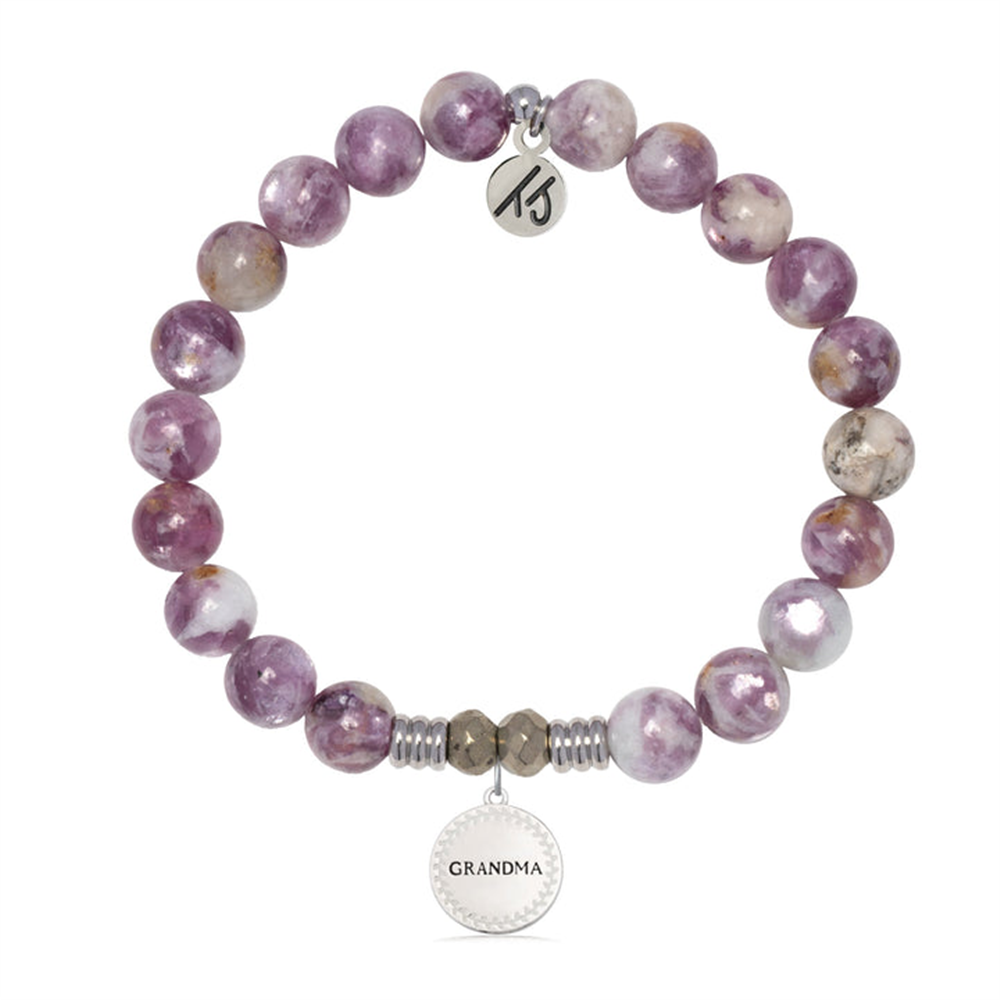The T Jazelle Lepidolite Quartz Gemstone Bracelet with Endless Love Grandma Sterling features purple and white marbled stones plus two sterling silver charms, making it a heartfelt gift for that special grandma.