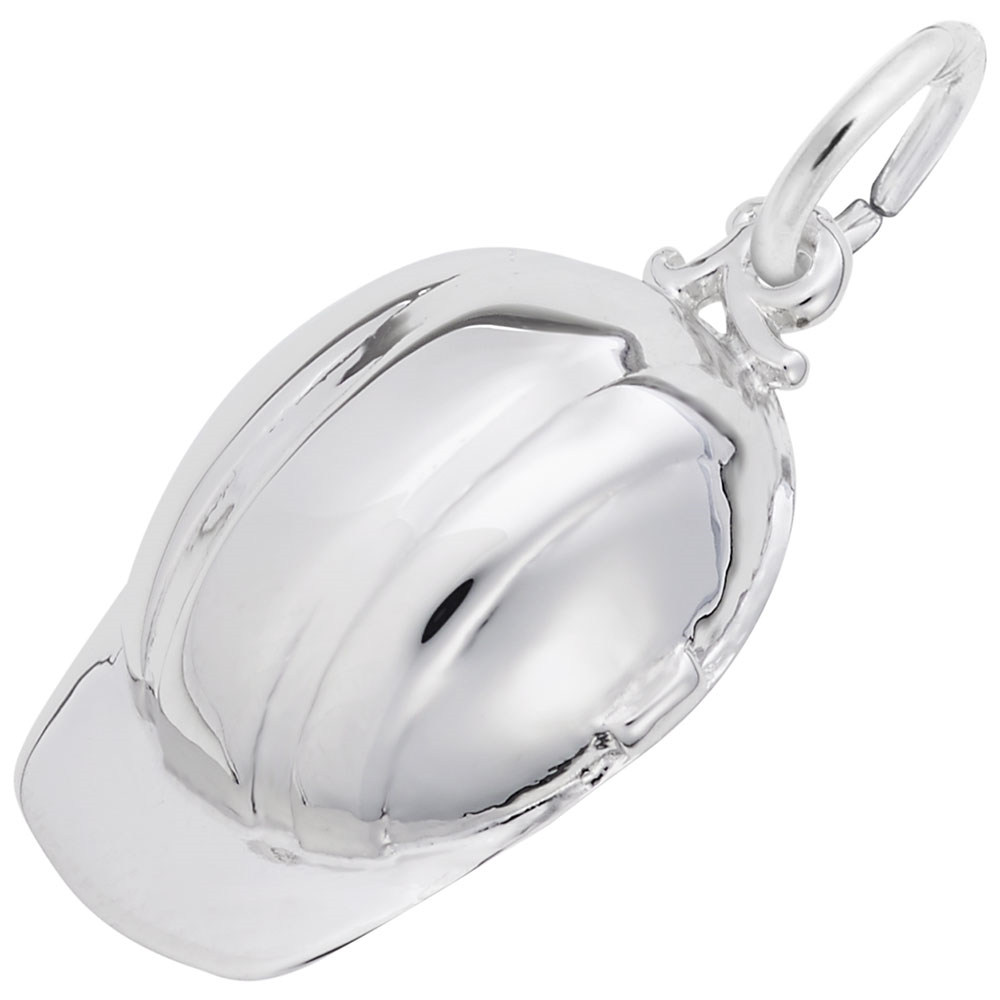A polished Construction Hat Charm in Sterling Silver by Rembrandt Charms, featuring a small loop for easy attachment to a bracelet or necklace. The charm showcases a sleek design and smooth surface, resembling a construction or safety helmet.