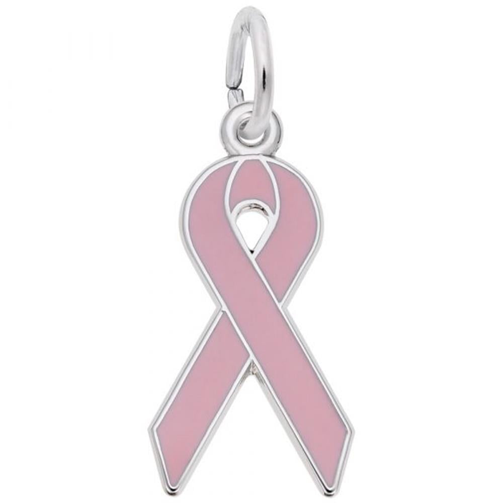 The Pink Ribbon Charm by Rembrandt Charms is a small pendant made from sterling silver, embodying breast cancer awareness with its smooth, glossy finish. This delicate charm features a small circular loop at the top, making it perfect for wearing on a necklace or bracelet.