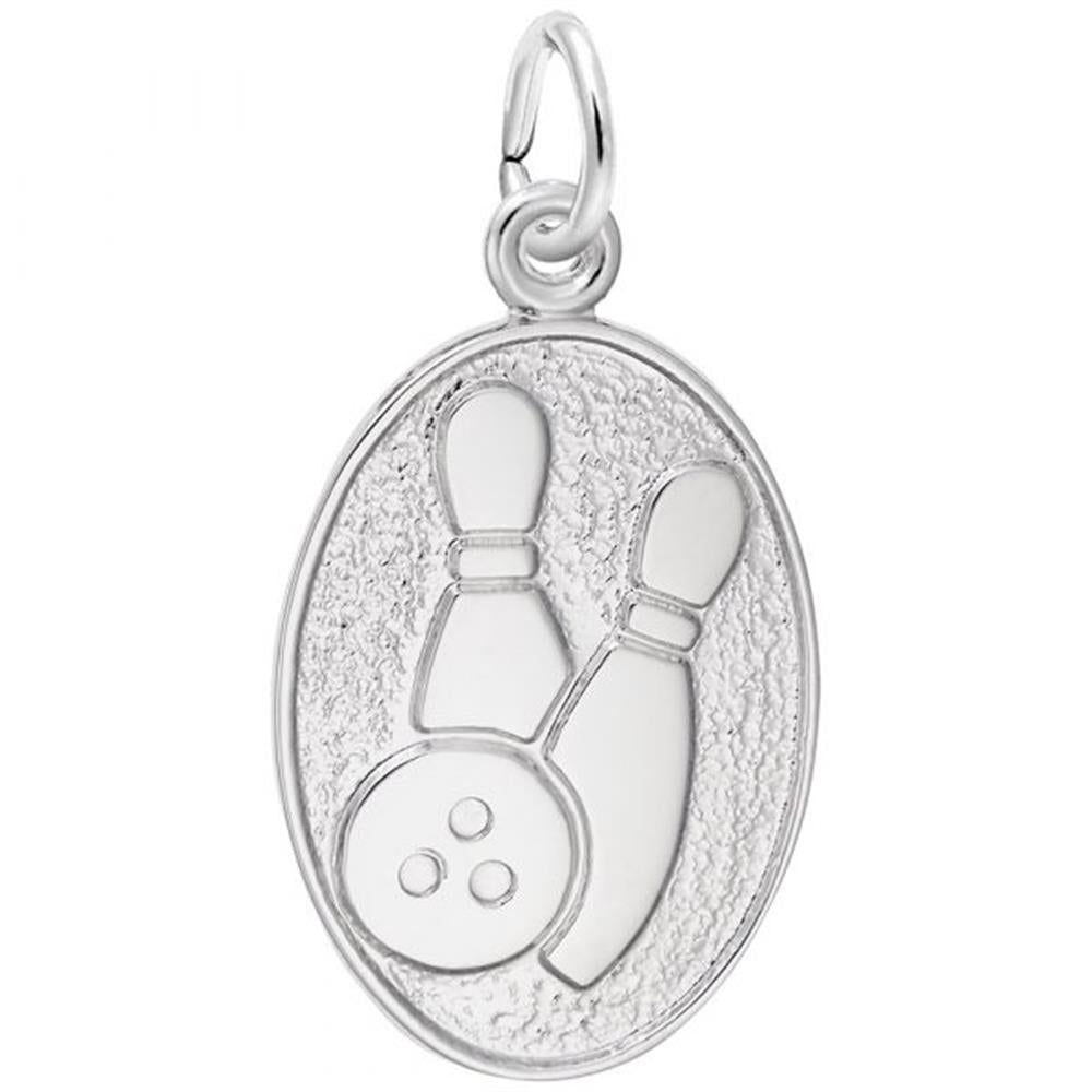 The Bowling Oval Disc Charm in Sterling Silver by Rembrandt Charms features an engraved design of two bowling pins and a bowling ball with three finger holes on a textured background. A small loop at the top allows for easy attachment to a chain or bracelet.