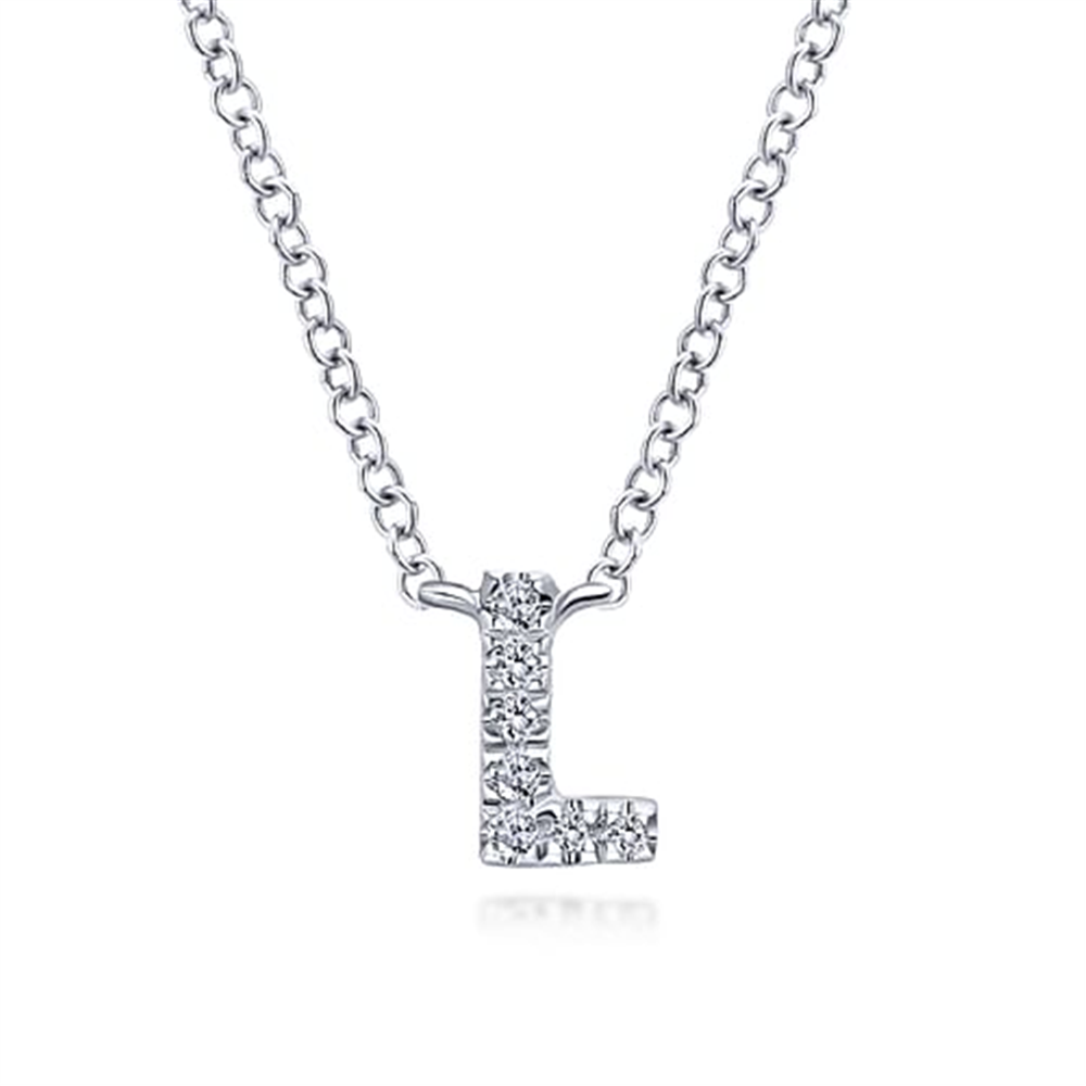 From the Lusso collection, Gabriel & Co's 14k white gold diamond "L" initial pendant necklace flaunts a crystal-adorned charm on an elegant chain against a plain white background.