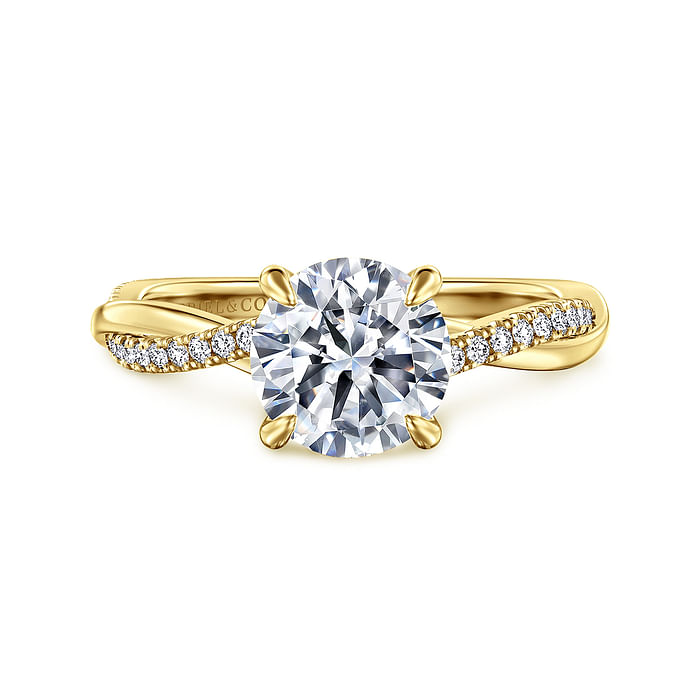 The Gabriel & Co 14K Yellow Gold Round Twisted Diamond Engagement Ring (1.50 carats) showcases a lab-grown center stone and a twisted band embellished with small diamonds for added brilliance.