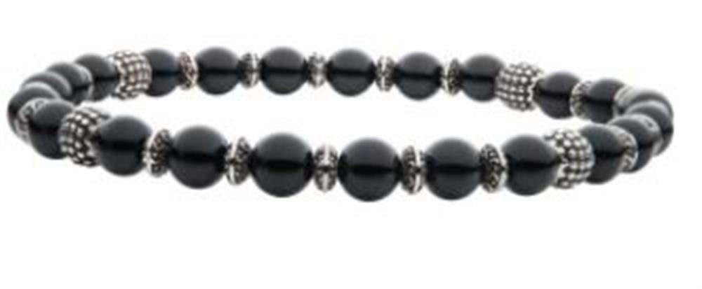 The INOX Black Agate Stones with Black Oxidized Beads Bracelet exudes style with its black agate stones and silver-accented beads, all threaded on an elastic band. These grounding and protective crystals form a simple yet elegant design that enhances any casual or formal outfit.