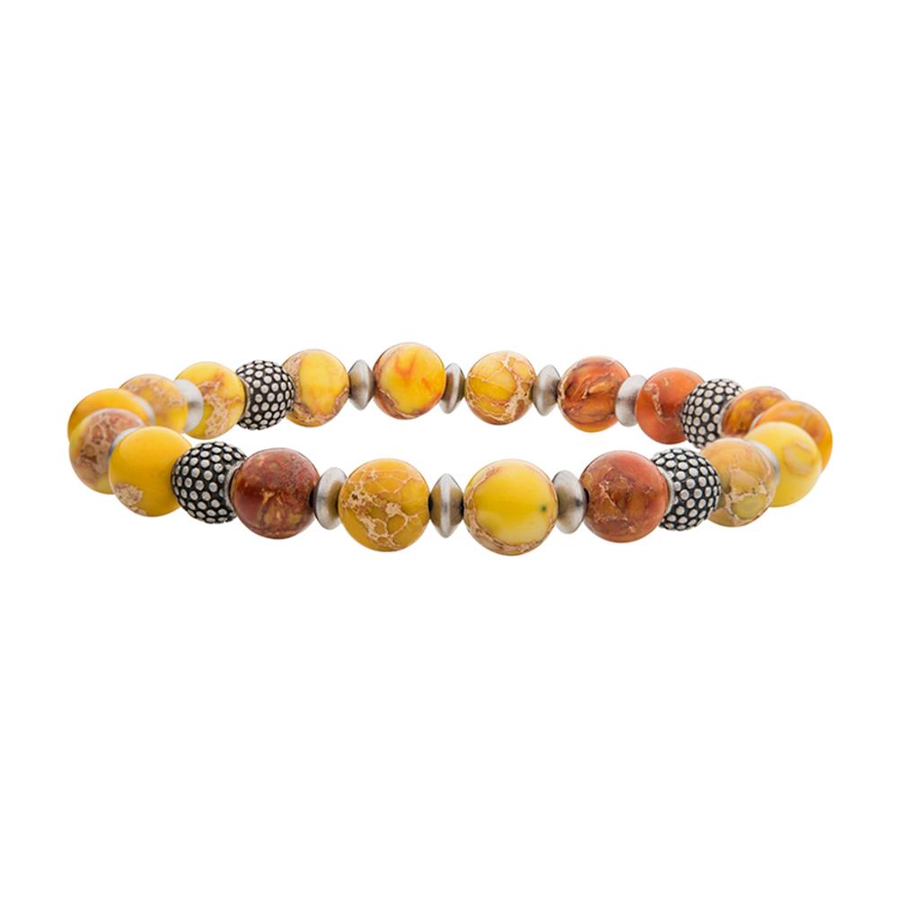 The INOX Men's 8.5mm Lodolite Stones with Black Oxidized Beads Bracelet (7 1/2) features round Lodolite stones in shades of yellow, orange, and brown, interspersed with black oxidized beads showcasing intricate patterns.