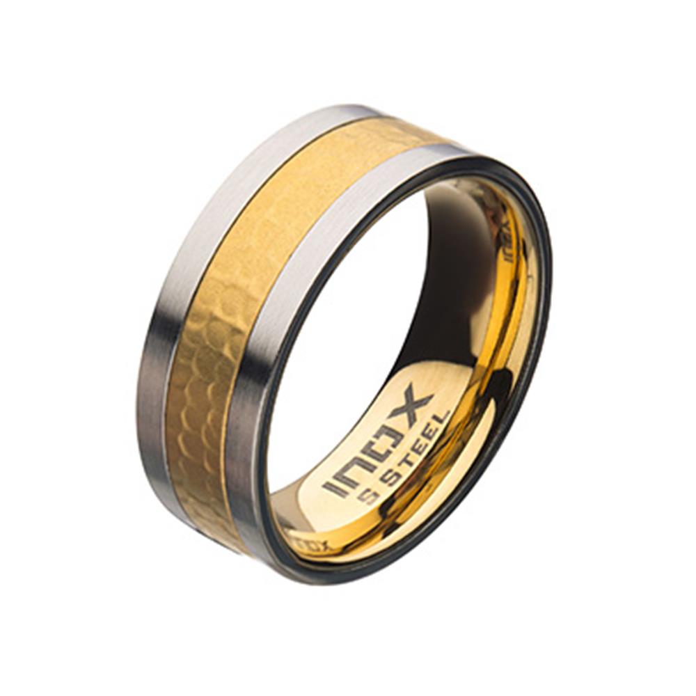 Product Description: The Men's Stainless Steel Matte Edge with Gold Plated Hammered Ring by INOX showcases a sleek dual-tone design in size 12. It features an outer black band with a brushed metallic finish, a wide band of gold-plated hammered gold in the center, and an inner layer of polished gold. The inner surface is engraved with "INOX S.S Steel".
