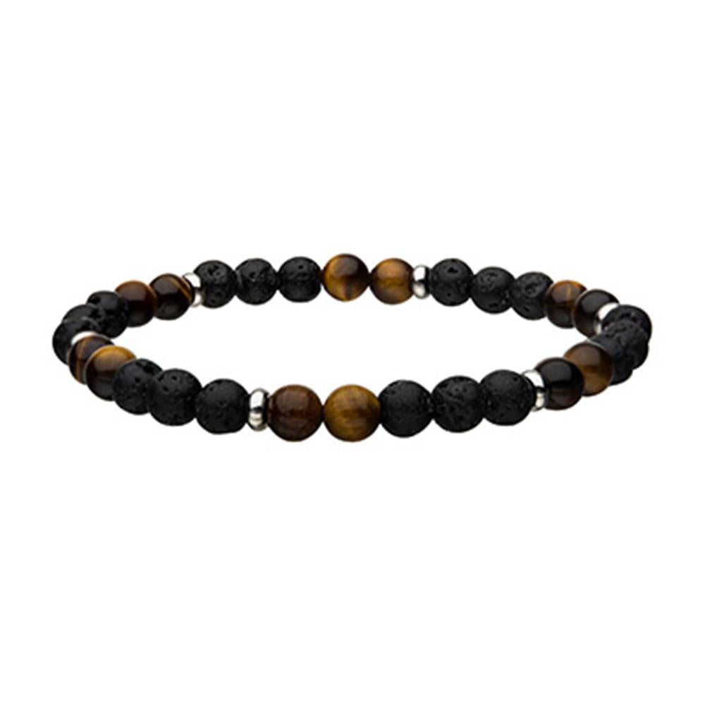 This stylish INOX bracelet showcases alternating 6mm black lava beads and polished brown tiger eye stones, accented with small silver spacer beads. Forming a complete circle, it offers a simple yet sophisticated design, making it an excellent alternative to the Men's Stainless Steel Bracelet by INOX.