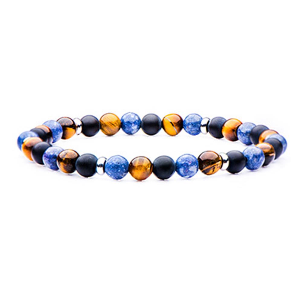 Introducing the INOX bracelet crafted from matte black agate, blue coral with a marbled texture, and amber beads with a striped appearance. The spherical beads are uniformly arranged in a repeating pattern around the round bracelet.