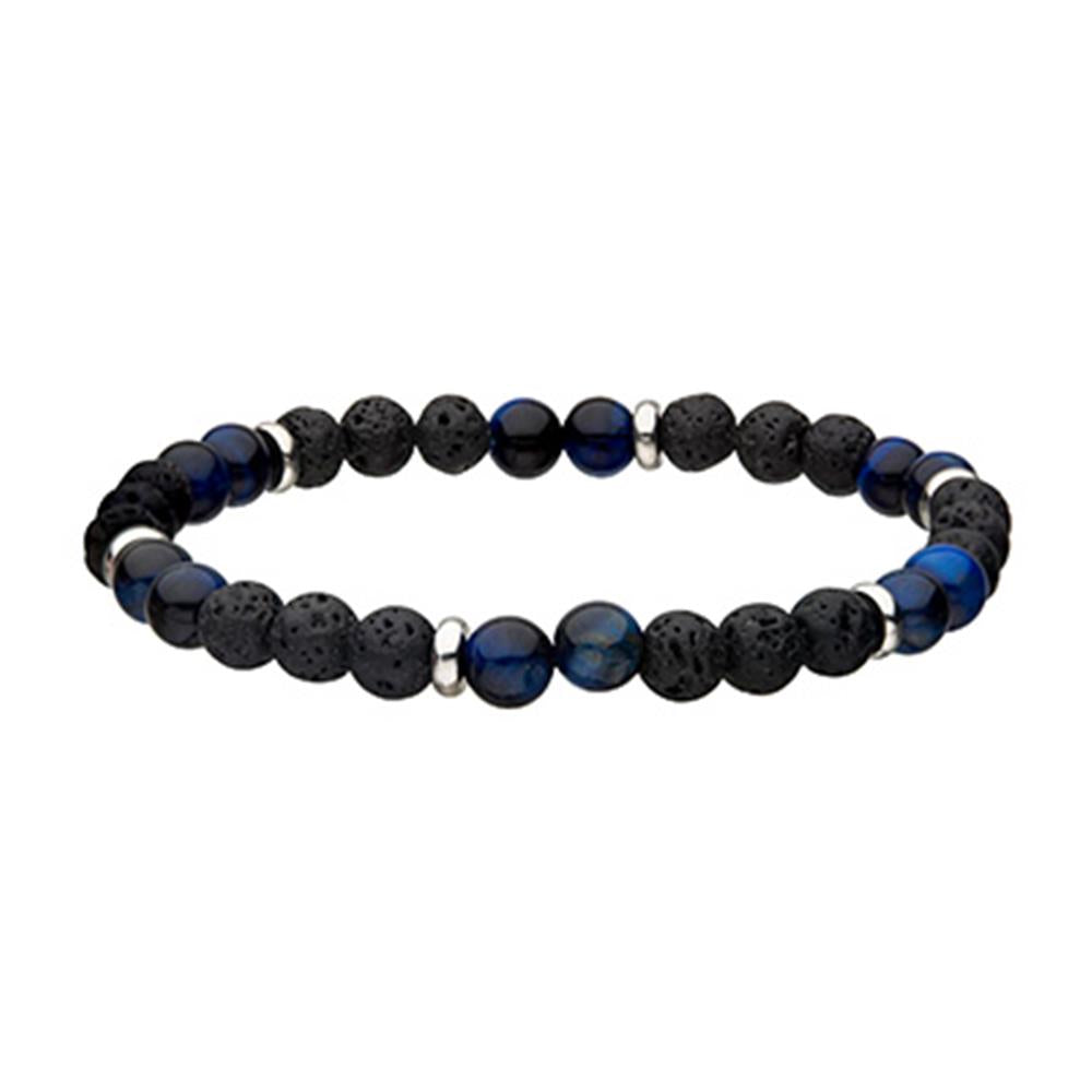 The INOX Men's Stainless Steel Bracelet by INOX features alternating blue and black lava stone beads, interspersed with small silver spacer beads. This bracelet, made with 6mm beads, has a stretchy band for easy wear.