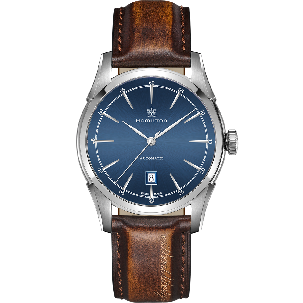 Introducing the Hamilton Spirit of Liberty Automatic Watch, a luxury timepiece featuring a blue dial, silver case, and brown leather strap. The watch showcases silver hour markers, a date window at 6 o'clock, and proudly displays the "Hamilton" brand name on the dial. Powered by an automatic movement, it embodies the Spirit of Liberty with "earth boat ship" elegantly embossed on the strap.