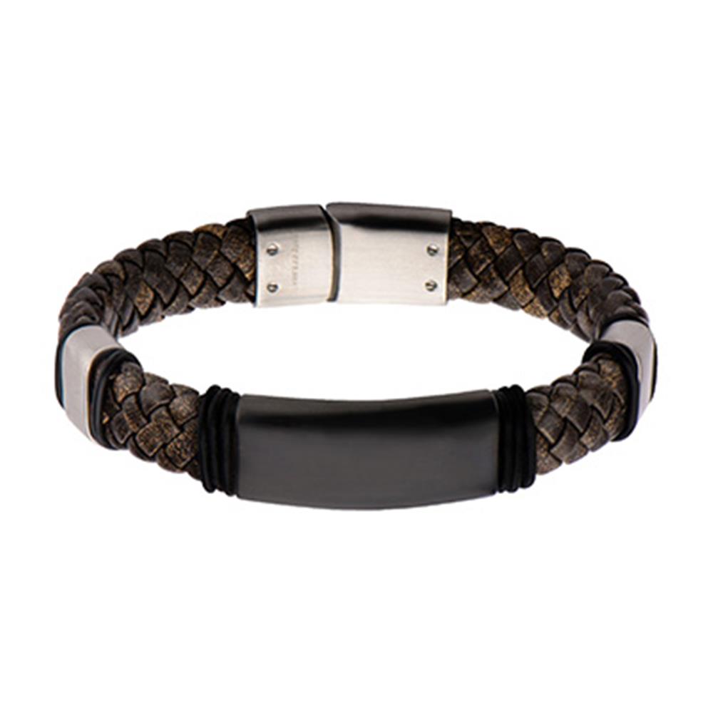 The INOX Men's Brown Leather Bracelet showcases a smooth, rectangular black metallic centerpiece. This braided bracelet is enhanced with stainless steel clasp and accents, giving it a sleek and modern design.