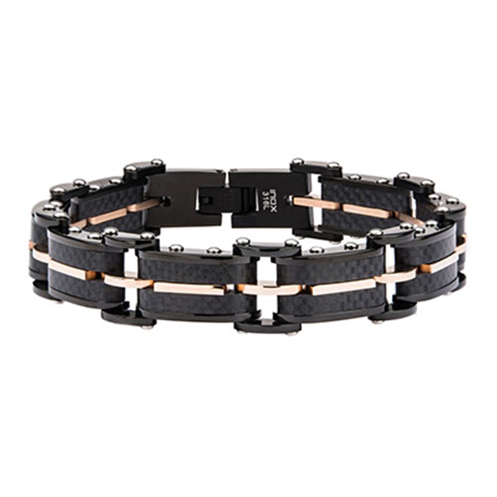 The INOX Men's Stainless Steel Rose Gold IP Link Bracelet, measuring 8 1/2 inches, combines elegance with rugged durability. This bracelet features stainless steel links accented with rose gold ion plating and is secured with a fold-over clasp.