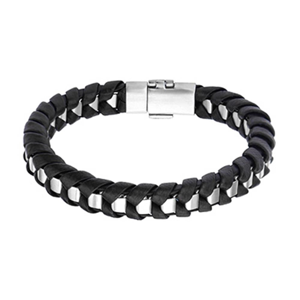 The INOX Men's Stainless Steel Bracelet showcases a sophisticated 8-inch design, blending black leather and silver metal links in an intricate woven pattern. This stylish bracelet is further enhanced by a sleek, silver clasp for secure fastening.