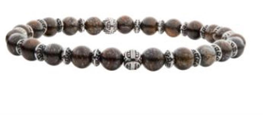 The INOX Men's 6mm Bronze Stones with Black Oxidized Beads Bracelet is a sleek 7 1/2 inch accessory, featuring round bronze stones interspersed with small, intricately detailed silver-tone spacers. The elastic bracelet ensures the beads are evenly distributed around the entire loop, complemented by striking black oxidized beads for a unique touch.