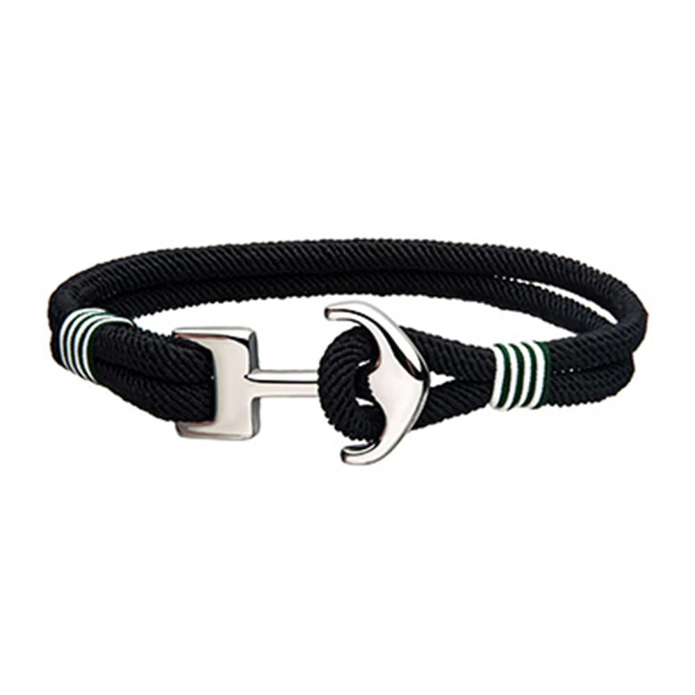 The Men's Black Wrap Paracord Rope Bracelet by INOX features a steel anchor clasp and is accented with white and green stripes near the clasp.